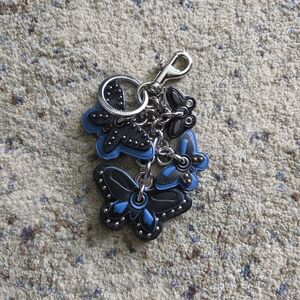 Coach Black and Blue Butterfly Leather Bag Charm Keychain With Silver Hardware